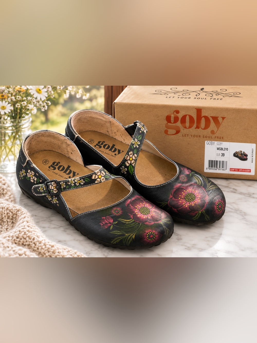 Goby Floral Mary Jane Shoes EU 39 8.5 Black Boho Artsy Vegan Leather Turkey